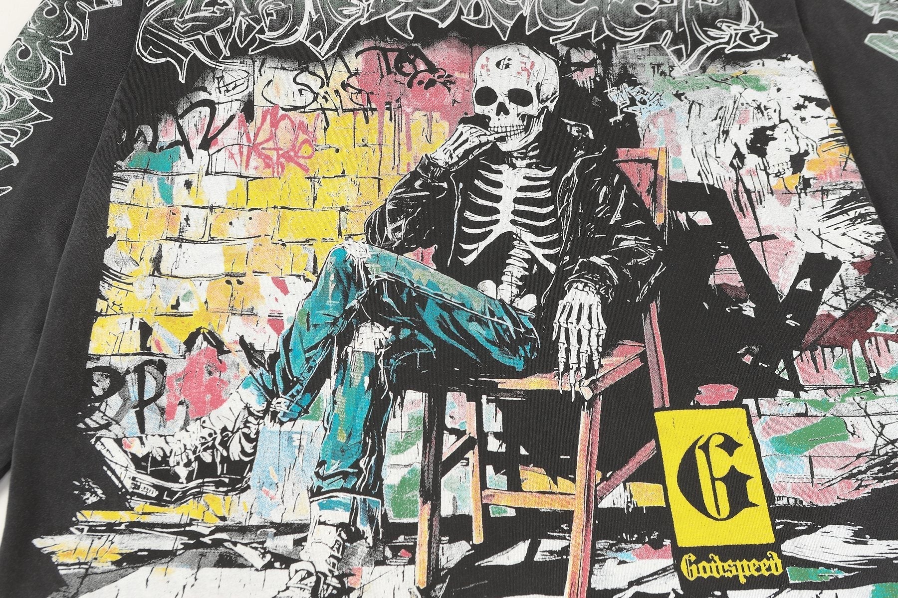 Godspeed Washed Black Skeleton Graphic Long-Sleeve T-Shirt — detail