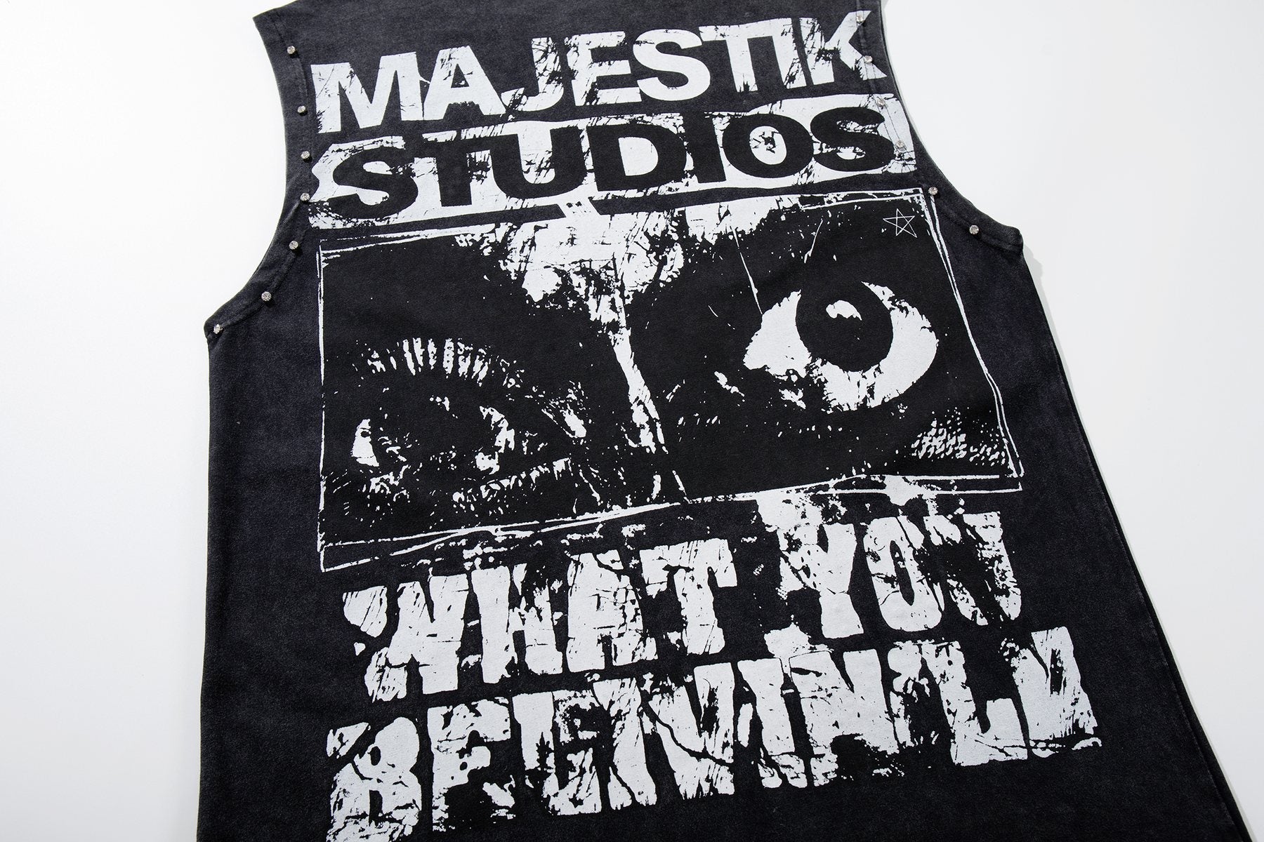 MAJESTIK Washed Black Studded Sleeveless T-Shirt — detail