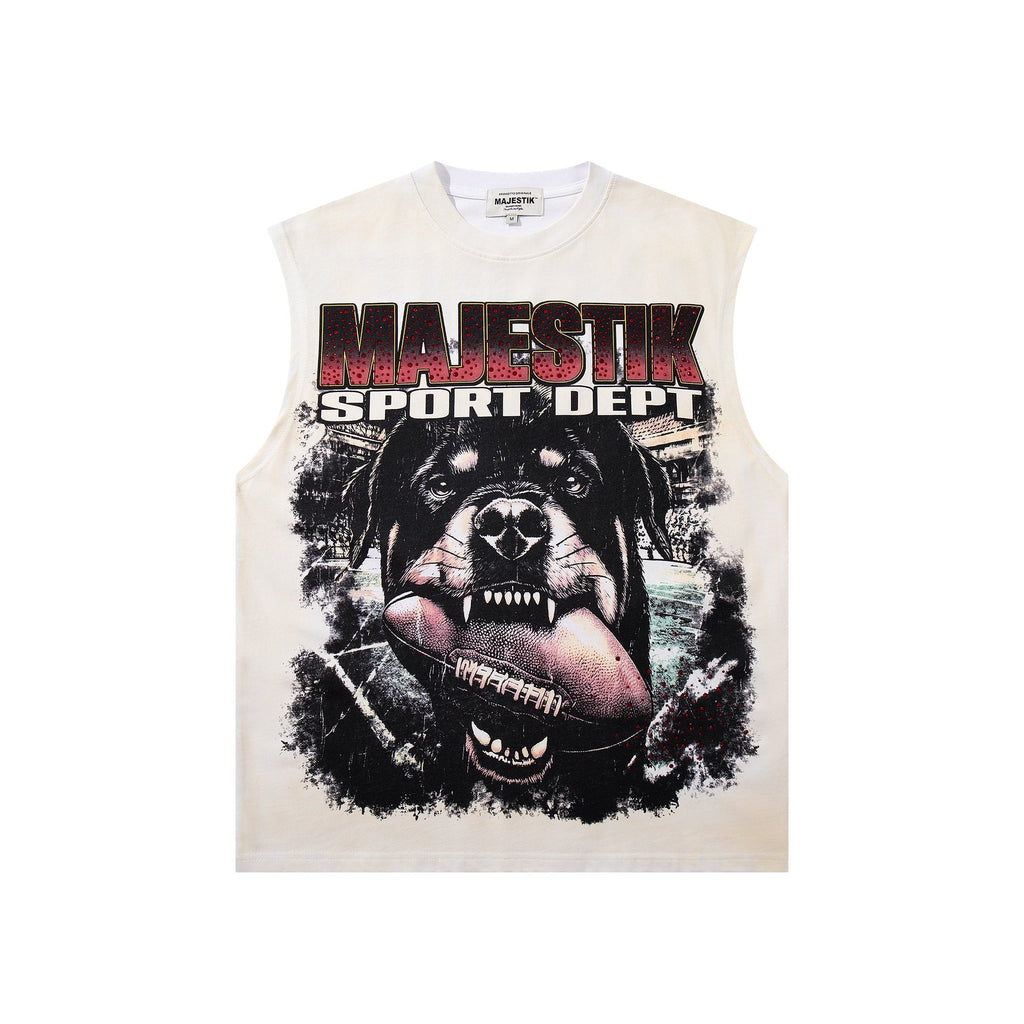 MAJESTIK Cream Distressed Rhinestone Sleeveless T-Shirt — hero