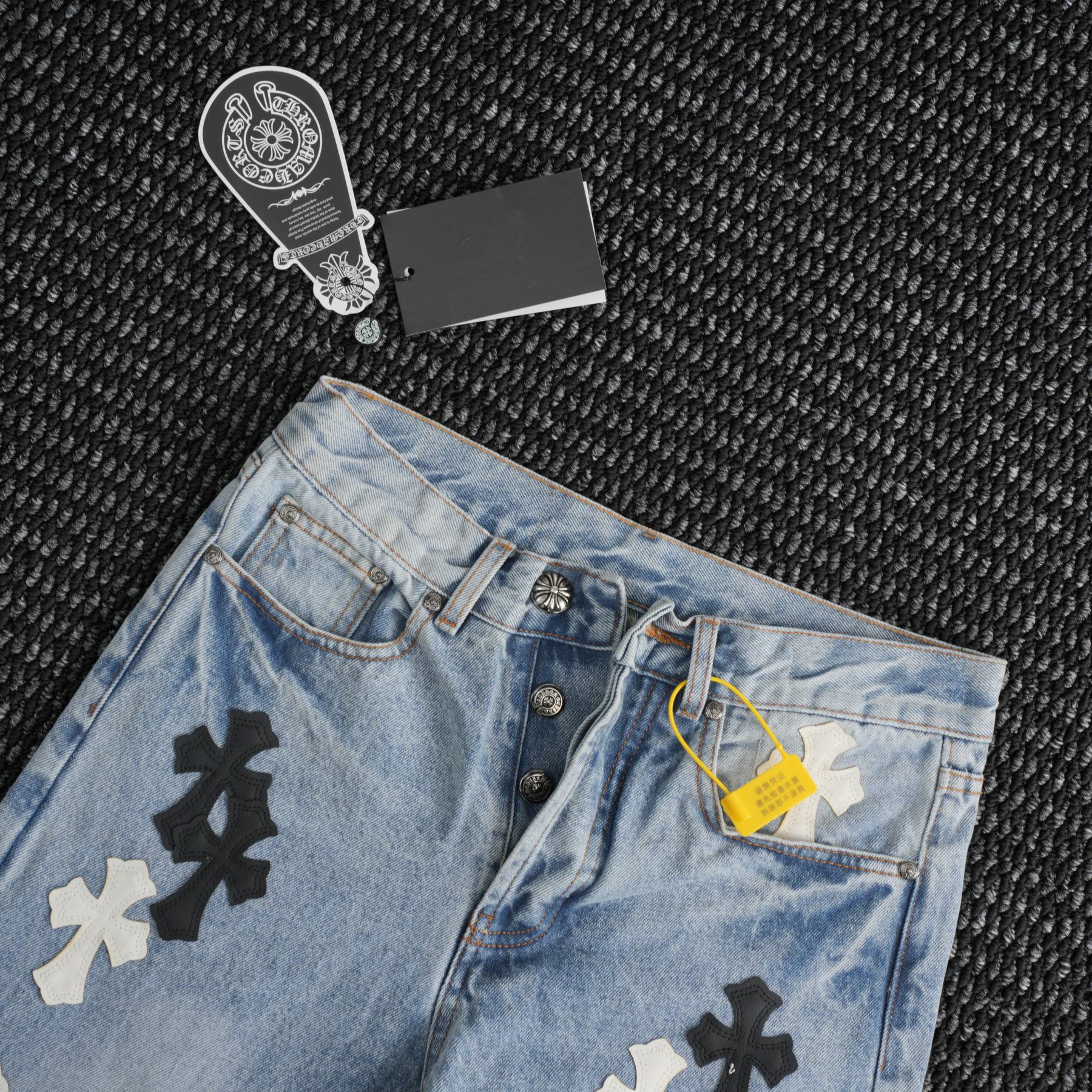 Chrome Hearts Light Blue Cross Patch Jeans — context