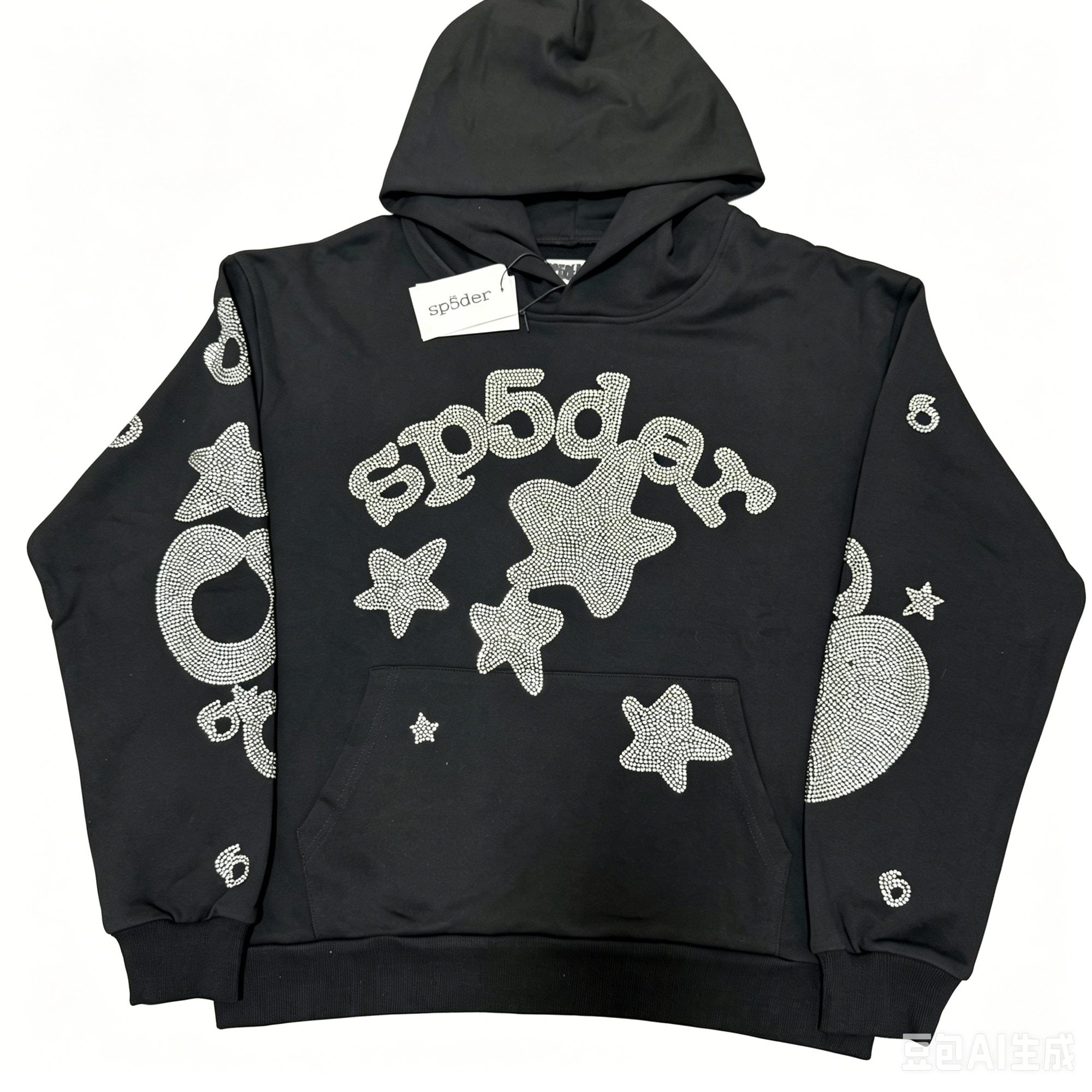 Sp5der Silver Rhinestone-Style Graphic Hoodie — hero