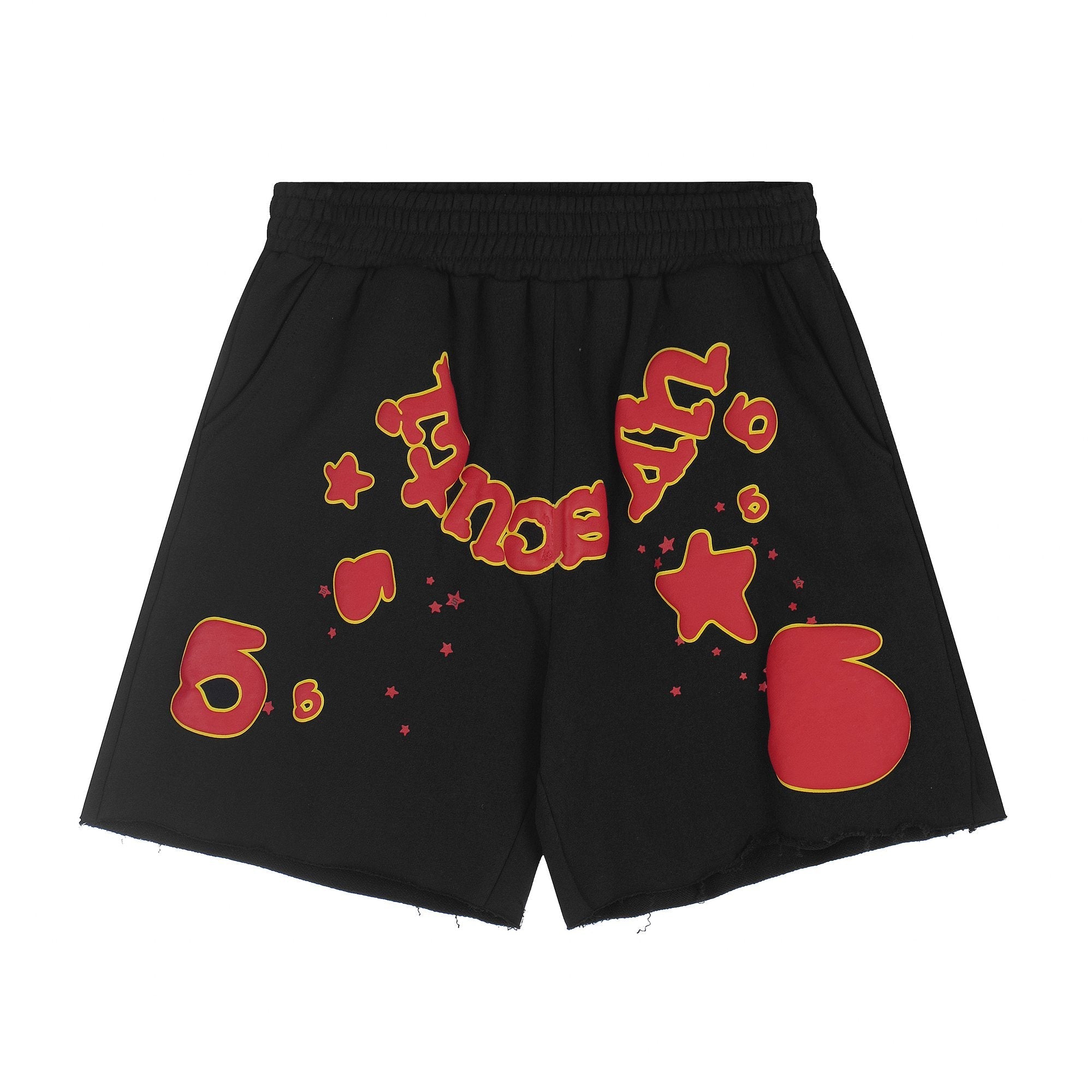 Sp5der Black Graphic Raw-Hem Shorts — hero