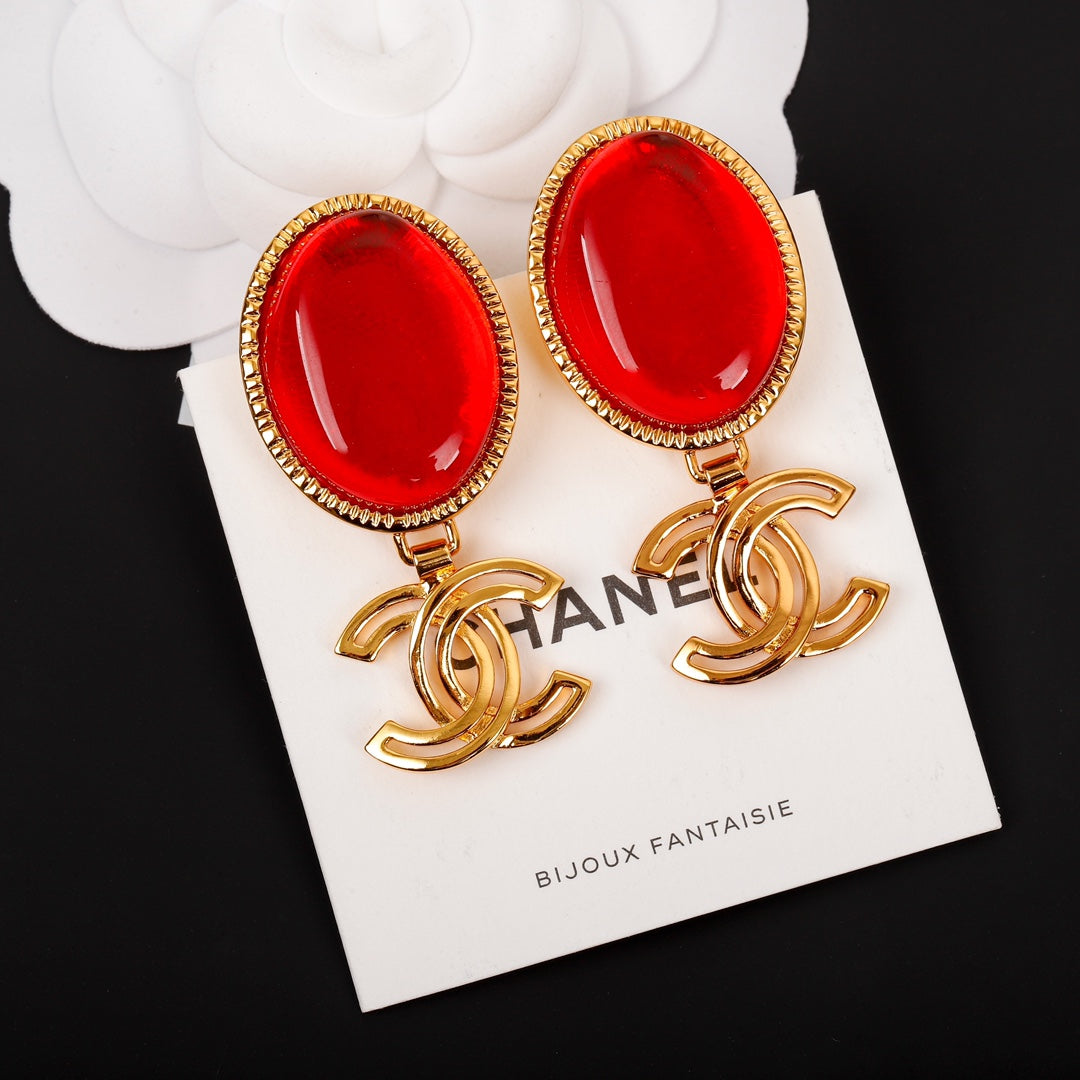 Chanel Red Crystal Pendant 18K Gold Earrings